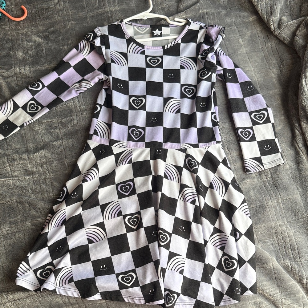 Pixie Lane Checkered Long Sleeve Dress with Heart and Smile Patterns